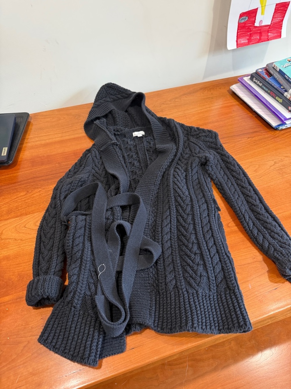 L.L. Bean Navy Blue Hooded Cable-Knit Belted Cardigan